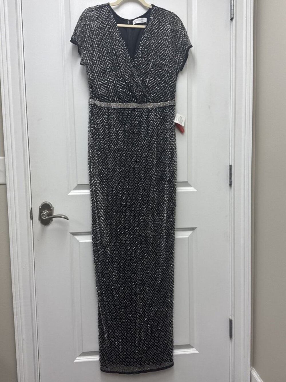 Mac Duggal Size 12 Black Silver Beaded Short Sleeve Cocktail Formal Dress Flaw - Picture 2 of 11
